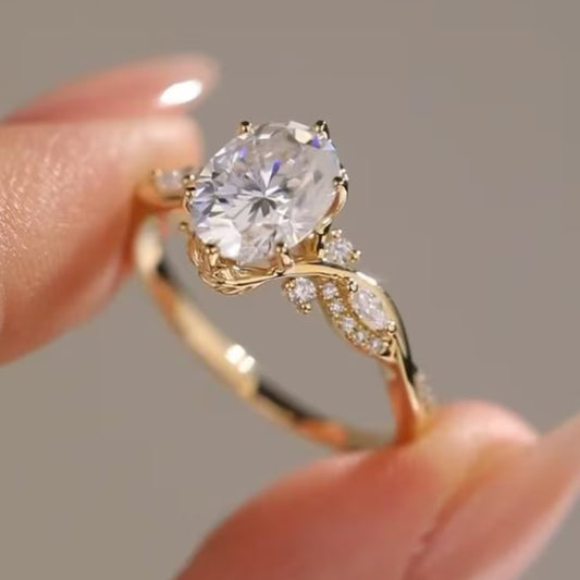 Floral 2 CT Oval Cut Moissanite Engagement Ring, Vintage 18K Solid Gold, Marquise Side Stone Wedding Ring, Anniversary Ring
