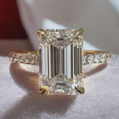 5CT Emerald Cut Moissanite Engagement Ring Hidden Halo Emerald Cut Promise Ring 14K Yellow Gold Emerald Solitaire Ring Anniversary Gift Ring