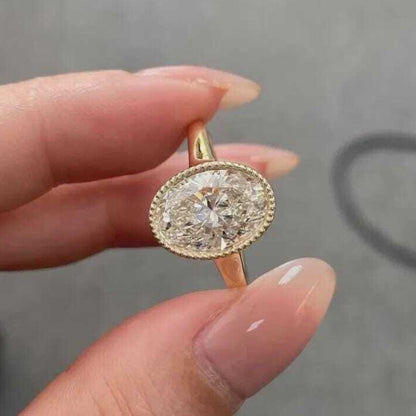 3CT Oval Moissanite Engagement Ring, Bezel Set Gold Ring, Minimalist Bridal Jewelry