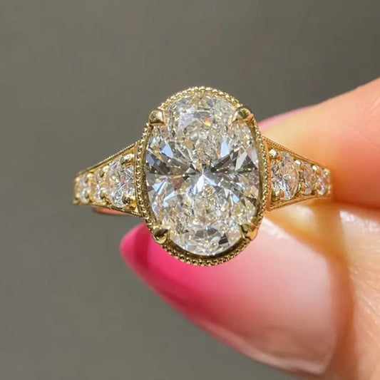3CT Oval Cut Moissanite Diamond With Hand Engraved Gold Engagement Ring
