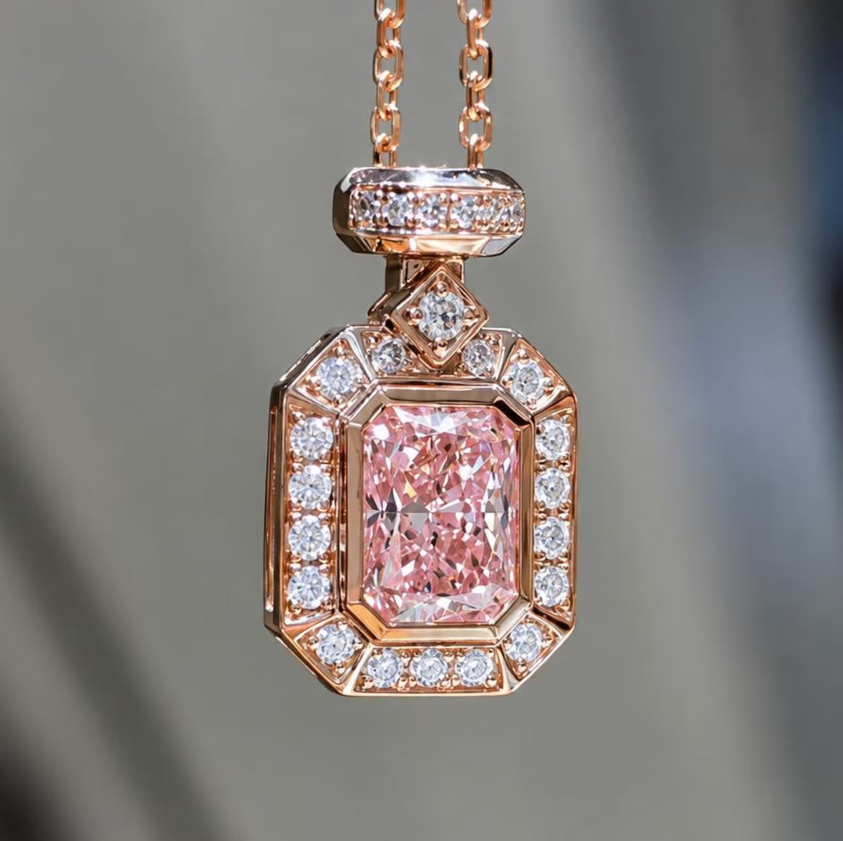 Bezel Halo 2CT Pink Radiant Cut Lab Grown Pendant in Rose Gold