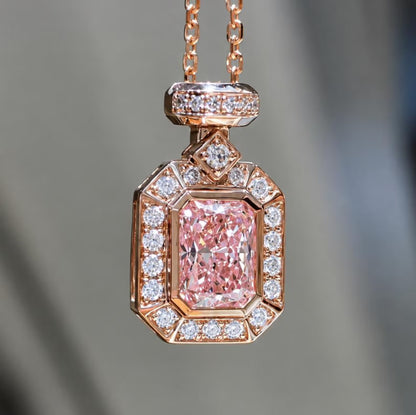Bezel Halo 2CT Pink Radiant Cut Lab Grown Pendant in Rose Gold