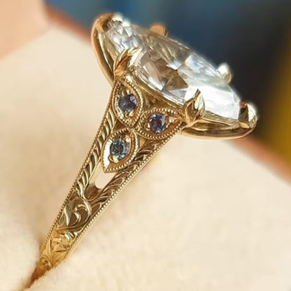 Vintage Marquise Cut Lab Grown Engagement Ring with Gold Engraved
