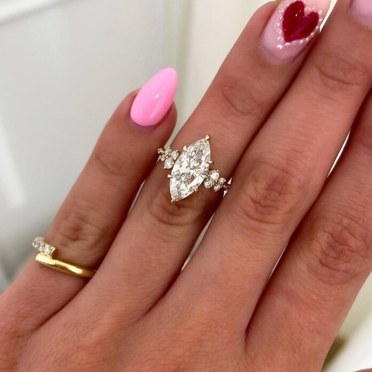 2 CT Marquise Moissanite Engagement Ring with Cluster Side Stones