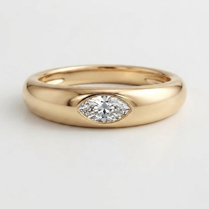 East West Marquise Moissanite Dome Ring in Solid 14k Gold Bezel Statement Ring for Women, Chunky Pinky Signet, Handmade Jewelry