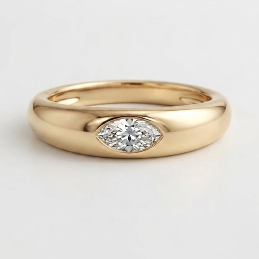 East West Marquise Moissanite Dome Ring in Solid 14k Gold Bezel Statement Ring for Women, Chunky Pinky Signet, Handmade Jewelry