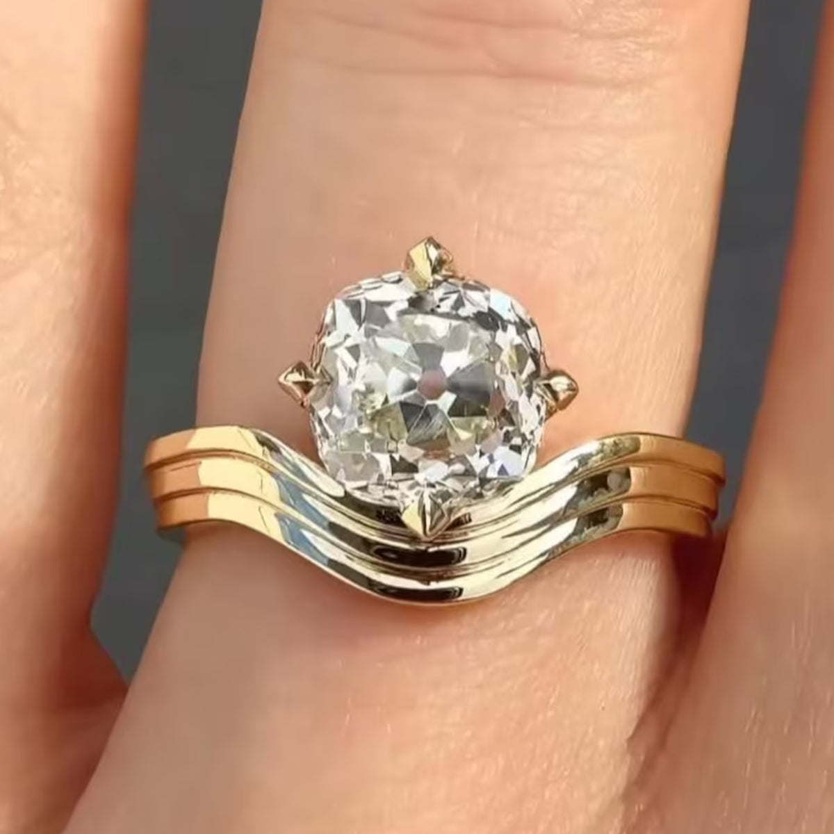 2CT Old Mine Cushion Cut Lab Grown Engagement Ring with Wavy Curved Band