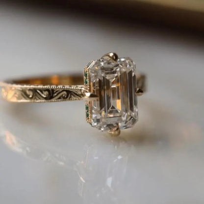 Vintage 3CT Emerald Cut Moissanite Engagement Ring 14K Solid Gold Ring With Engraved Band Antique-Inspired Solitaire Bridal Set Ring for Her