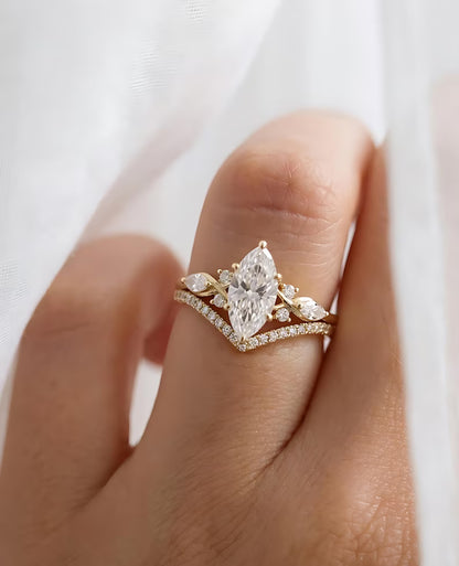 Unique Marquise Engagement Ring Matching Curved Wedding Set