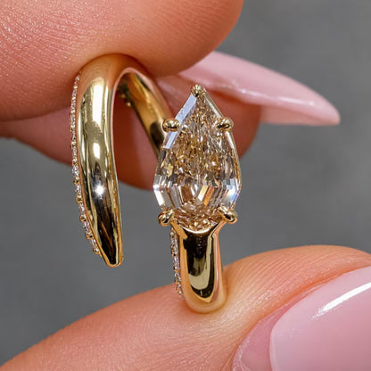 Pear Cut Champagne Moissanite Engagement Ring, Vintage 14k Yellow Gold Solitaire Ring, Open Band Wedding Ring, Bridal Jewelry, Anniversary Gifts Ring