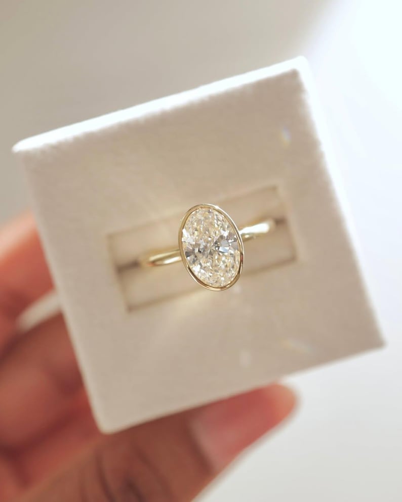 Bezel Set Oval Cut Moissanite Solitaire Ring - Sleek Minimalist Gold Engagement Ring