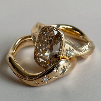 4 CT Old Mine Elongated Cushion Moissanite Engagement Ring Set 14K Gold Starburst Engraved Wedding Band Antique Style Anniversary Gift Her