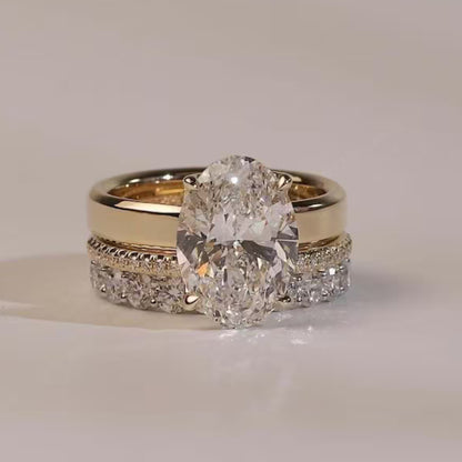 Elongated 4CT Oval Cut Moissanite Three Piece Diamond Bridal Ring Set, 14k Solid Yellow Gold Tulip Engagement Ring Set, Anniversary Ring Set
