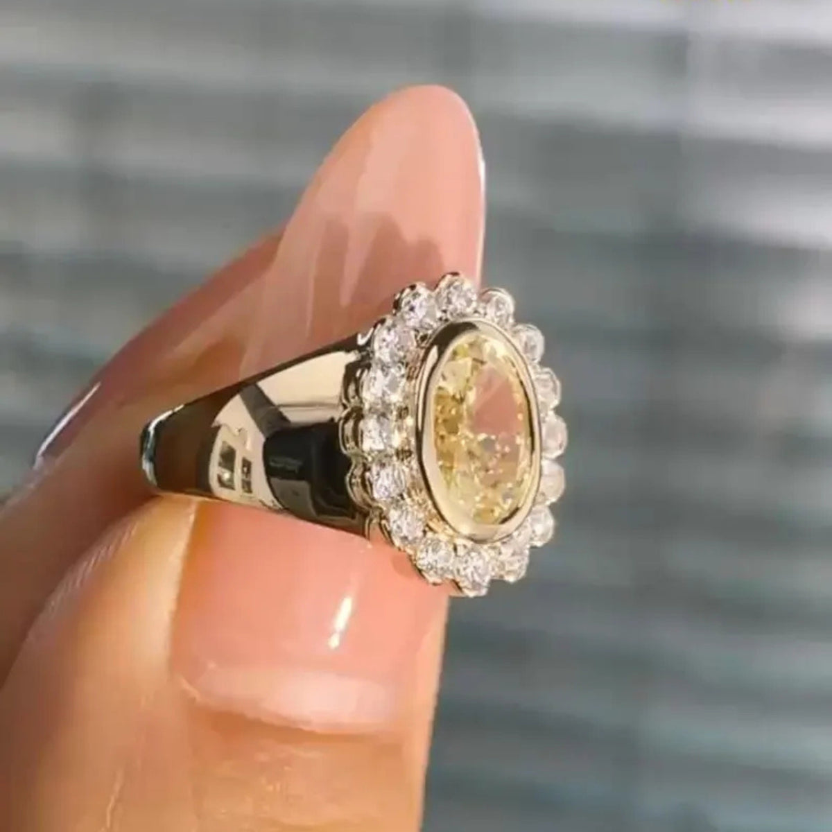 Vintage Yellow Oval Lab Diamond Flower Pinky Halo Engagement ring