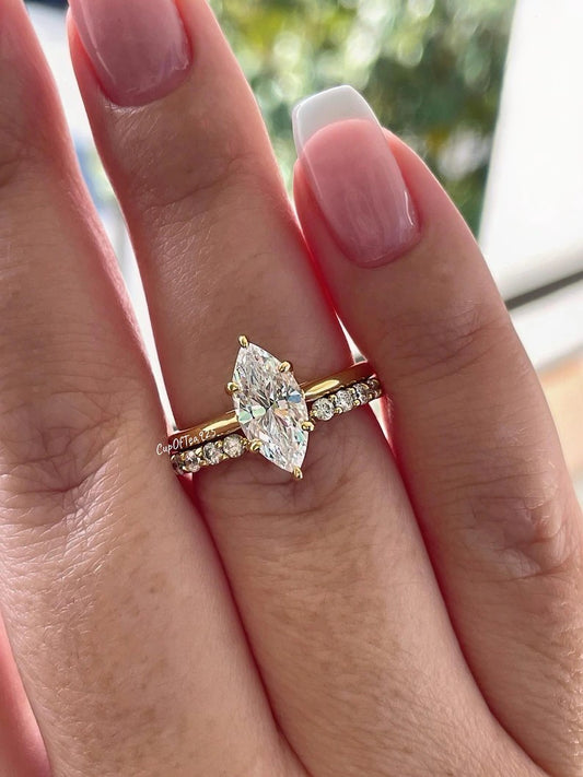 Marquise Cut Bridal Ring Set, Open Gap Wedding Ring Set