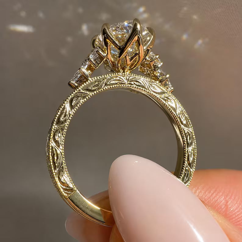 Vintage Marquise Moissanite Ring, Celestial Engraved Hidden Halo Solitaire