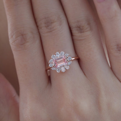 Lab Emerald Cut Pink Gemstone With Floral Halo Cluster Diamond Engagement Ring