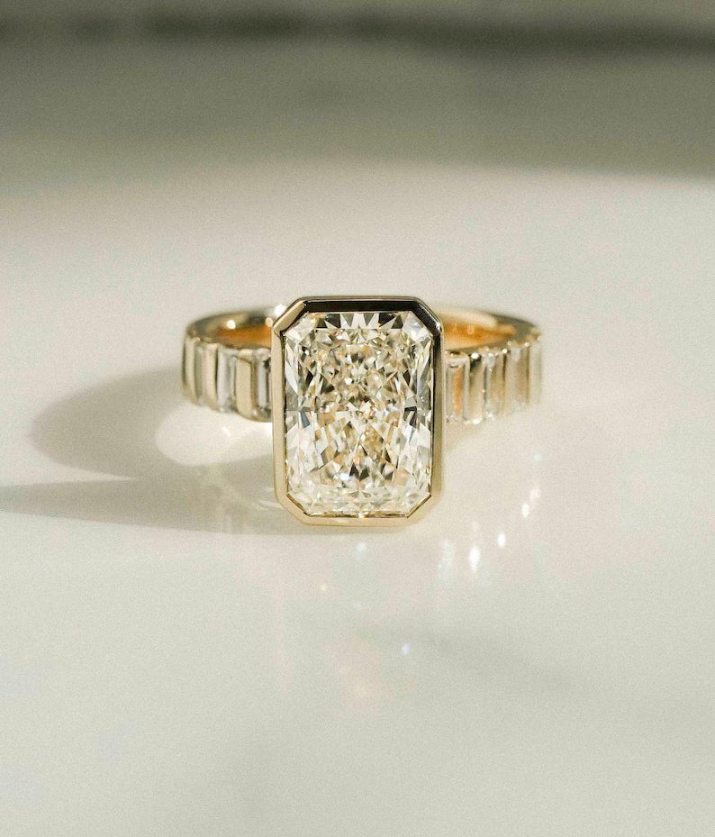 Bezel Set Radiant Cut Moissanite Engagement Ring - Channel Set Baguette Band Gold Ring