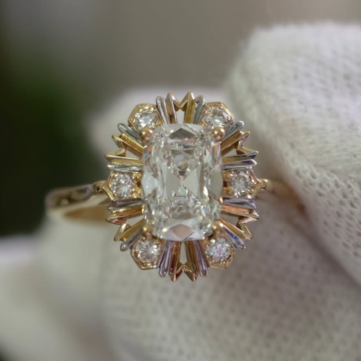 Vintage Inspired Cushion Moissanite Sunburst Halo Ring in Tri Tone Gold Ring Set