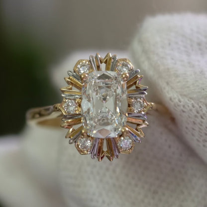 Vintage Inspired Cushion Moissanite Sunburst Halo Ring in Tri Tone Gold Ring Set