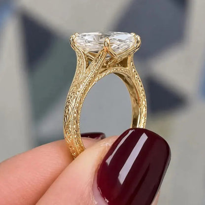 Vintage 3CT Dutch Marquise Moissanite Diamond Engagement Ring,14K Solid Gold Promise Ring, Hand Engraved Split Shank Wedding Ring For Her