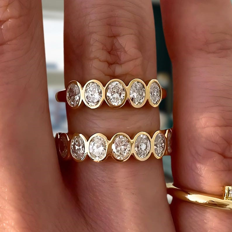 Bezel Set Oval Moissanite Eternity Band - Half / Full Eternity Oval Cut Wedding Band Ring