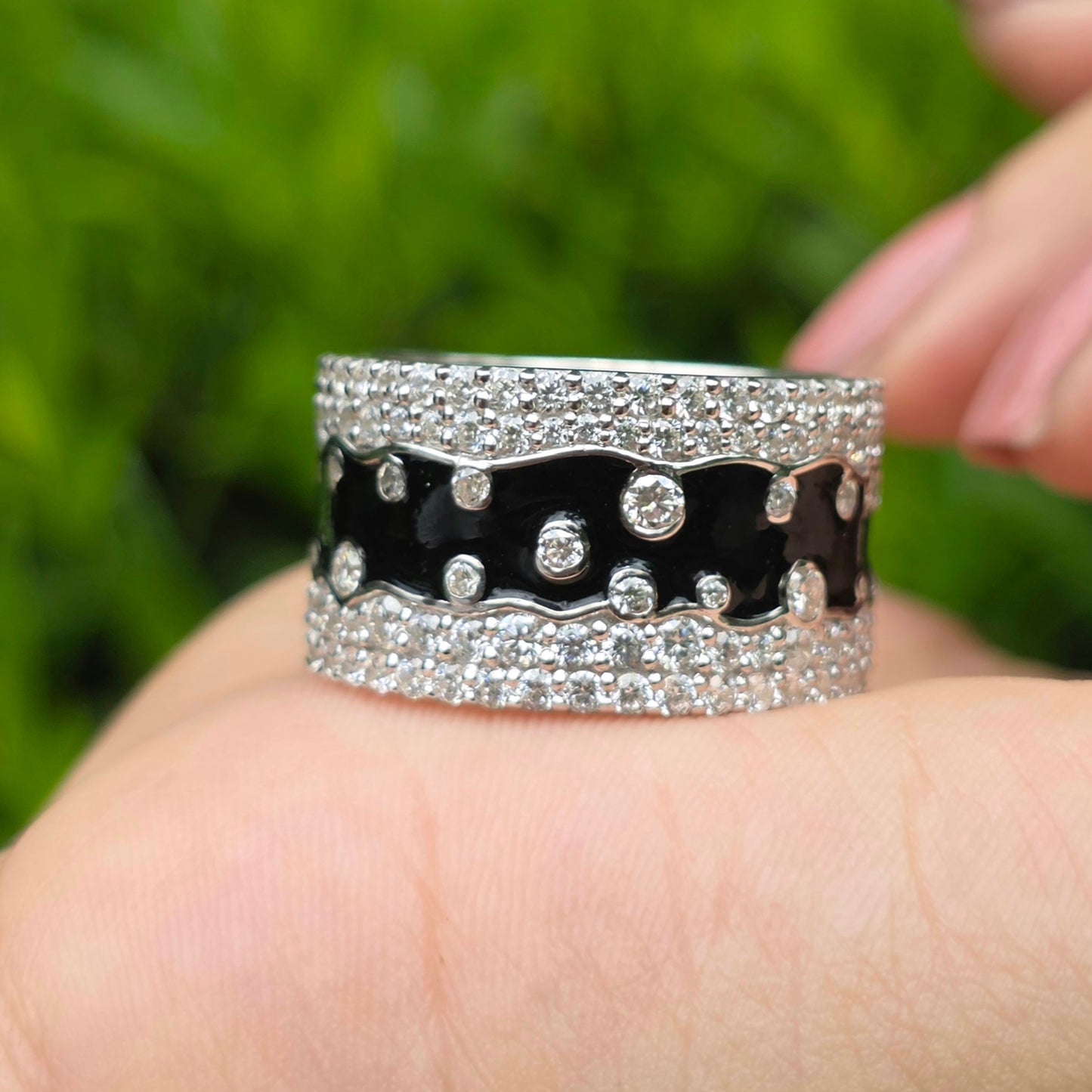 Black Enamel Wide Band Ring, Unique Pave Diamond Cluster Wedding Ring, Heavy Silver Promise Band, Art Deco Style Cocktail Ring For Her