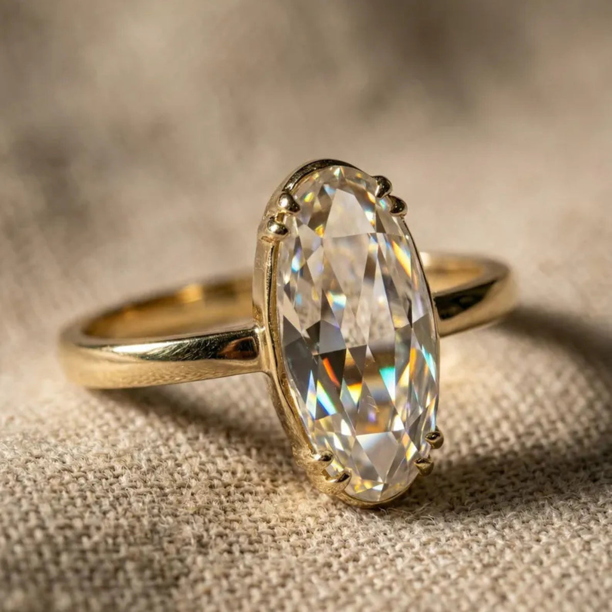 Antique Rose Cut Elongated Oval Moissanite Solitaire Ring in 14K Solid Gold