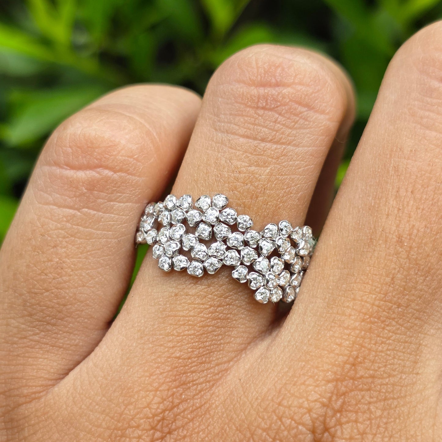 Wide Diamond Ring, Cluster Wedding Band, Dainty Flower Ring, Multi Stone Promise Band, Cocktail Ring, Unique Engagement Ring For Her