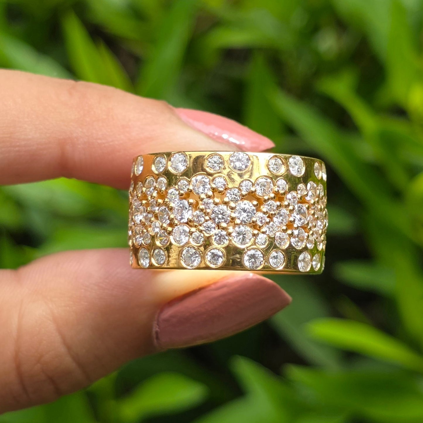 Gorgeous Round Moissanite Diamond Wide Band, Flush Set Scattered Wedding Band, 14K Solid Yellow Gold Plated Cigar Band, Cocktail Women Rings