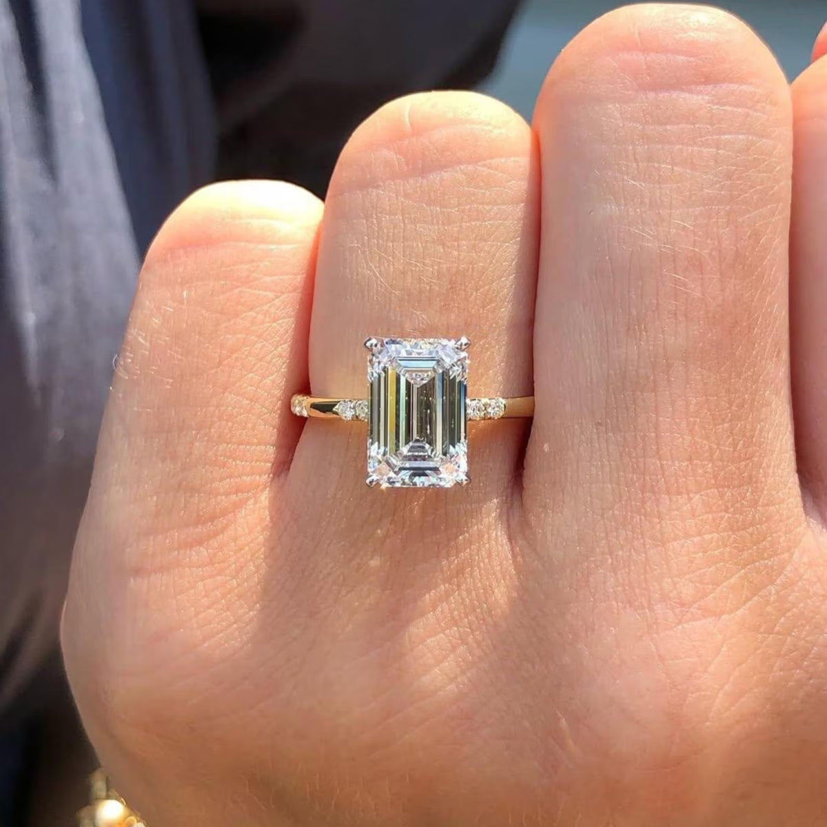 3CT Emerald Cut Moissanite Engagement Ring With 14K Yellow Gold Hidden Halo
