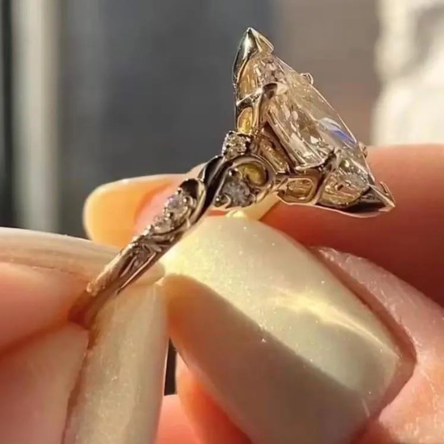 Vintage 2.5 CT Marquise Cut Moissanite Engagement Ring, 18K Solid Yellow Gold Natural Inspired Flower Wedding Ring, Anniversary Ring For Women