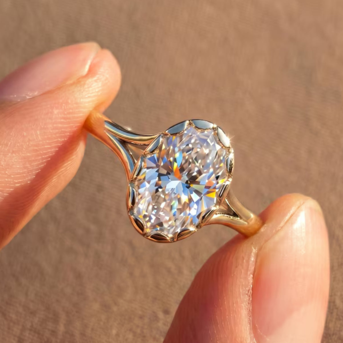 Bezel Oval Moissanite Split Shank Solitaire Gold Engagement Ring