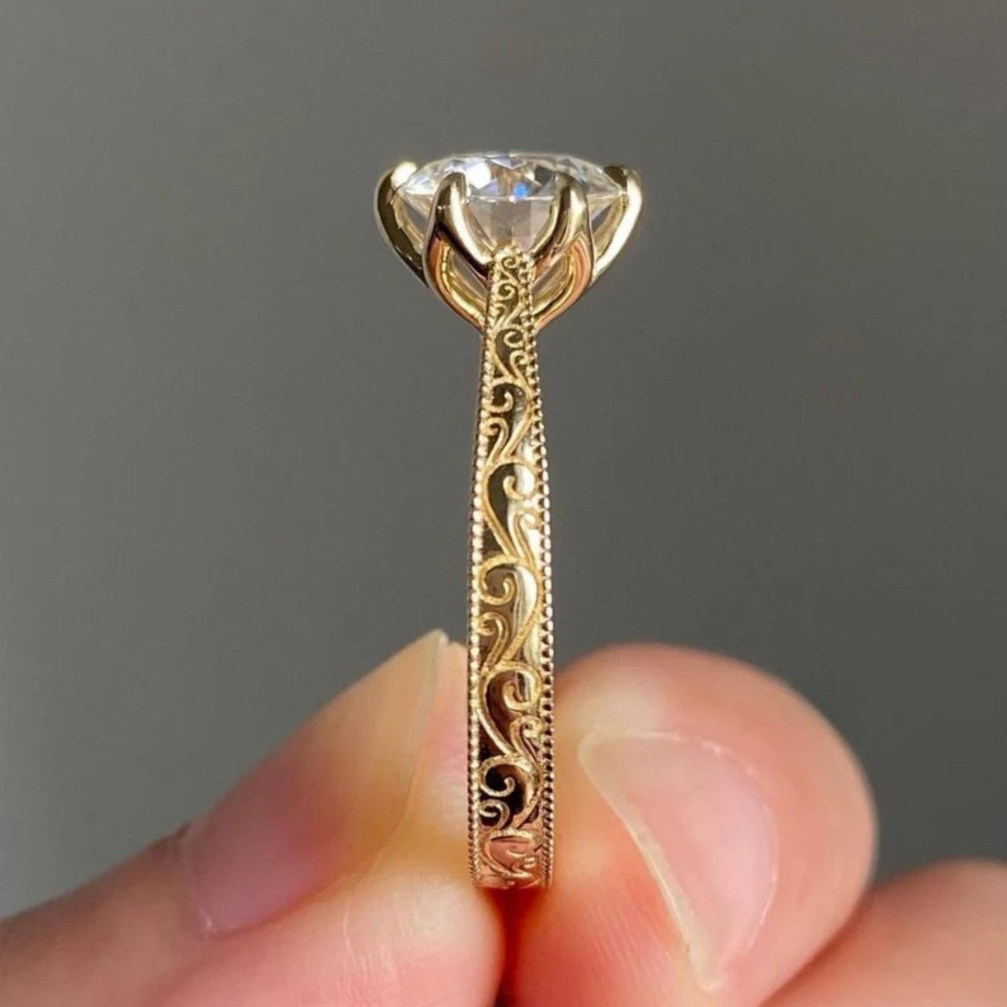 Vintage Inspired 2 CT Round Cut Solitaire Lab Diamond Engagement Ring, 14K Yellow Gold Art Deco Hand Made Filigree Promise Ring for Her