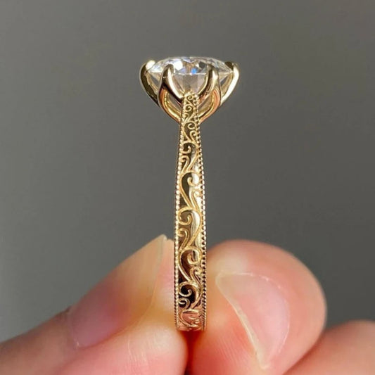 Vintage Inspired 2 CT Round Cut Solitaire Lab Diamond Engagement Ring, 14K Yellow Gold Art Deco Hand Made Filigree Promise Ring for Her