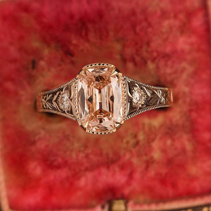 Unique Pink Old Mine Cushion Cut Moissanite With Engraved Band Ring