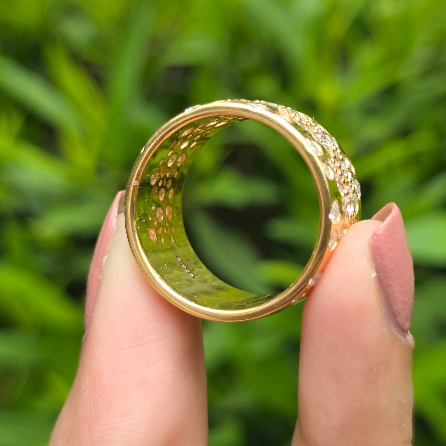 Gorgeous Round Moissanite Diamond Wide Band, Flush Set Scattered Wedding Band, 14K Solid Yellow Gold Plated Cigar Band, Cocktail Women Rings