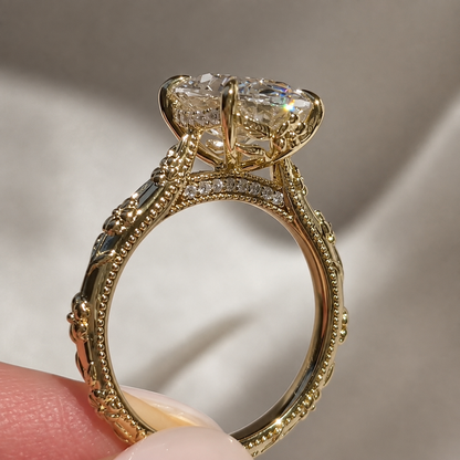 Vintage Floral Oval Moissanite Engagement Ring - Intricate Milgrain Hidden Bridge Gold Ring