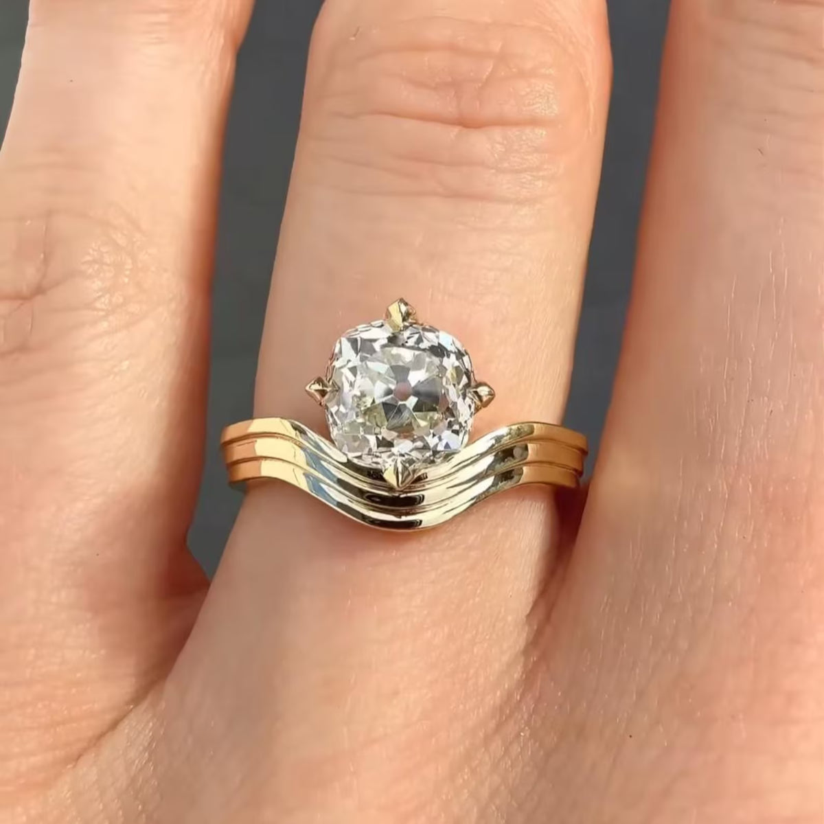 2CT Old Mine Cushion Cut Lab Grown Engagement Ring with Wavy Curved Band