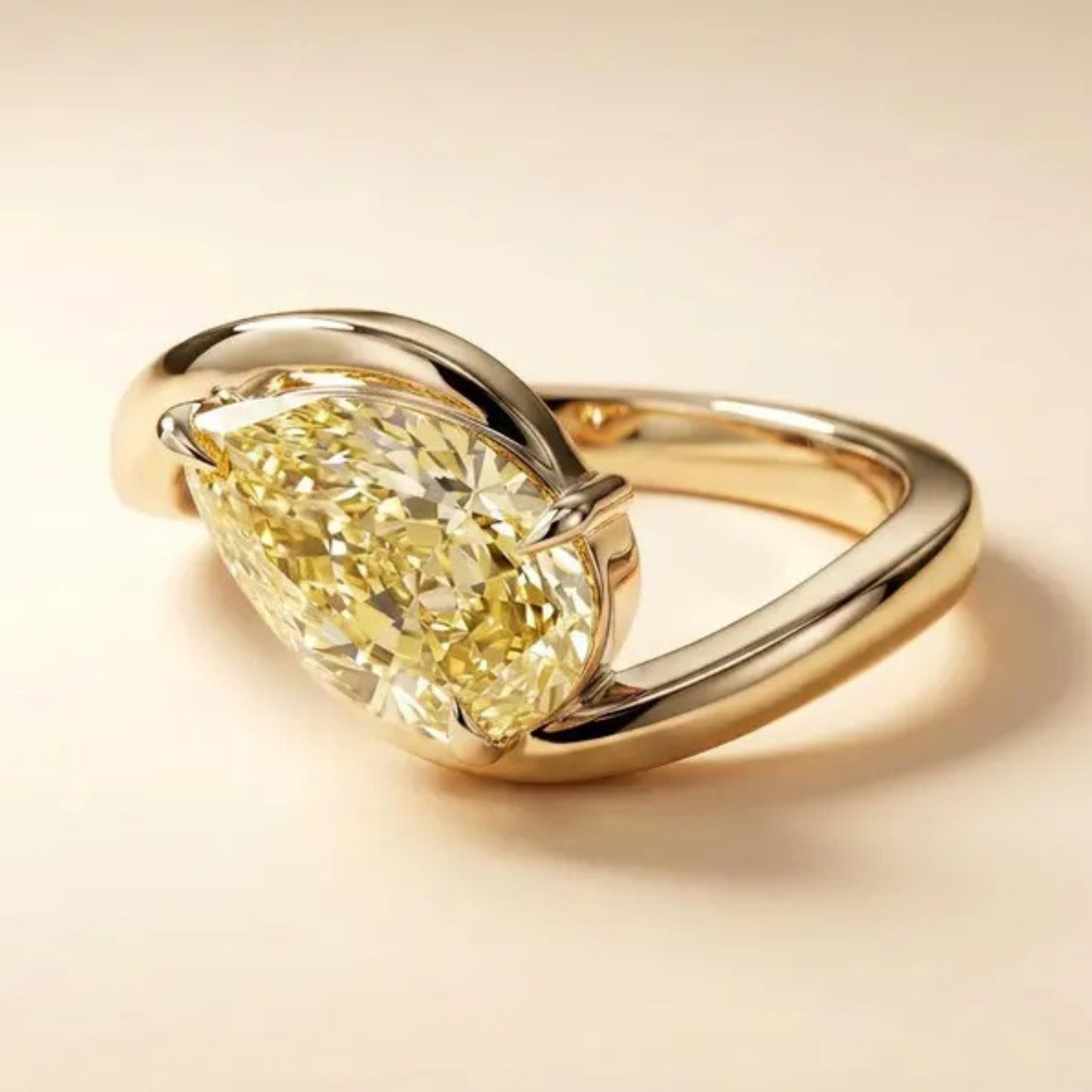 2 CT Fancy Vivid Yellow Pear Lab Diamond Engagement Ring, East West Bypass Setting Wedding Ring, 14k Yellow Gold, IGI Certified VS