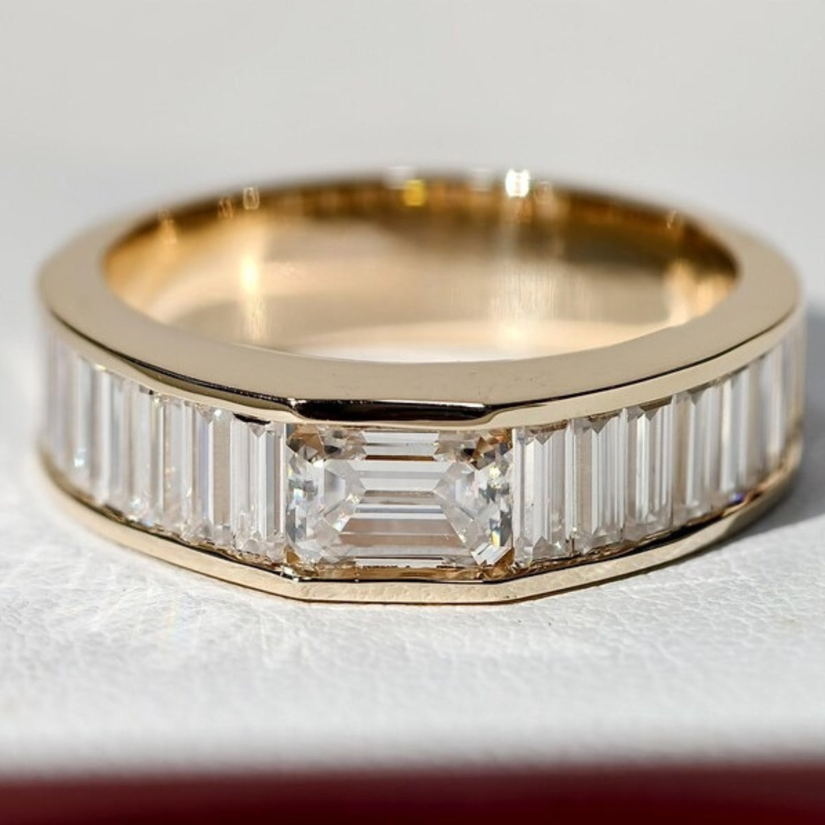 Mens East West Emerald Cut With Channel Set Baguette Moissanite Wedding Band