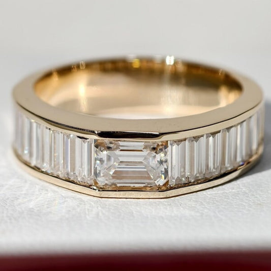 Mens East West Emerald Cut With Channel Set Baguette Moissanite Wedding Band