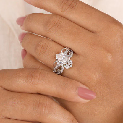 Pear Moissanite Crown Engagement Ring Twisted Band Wedding Set