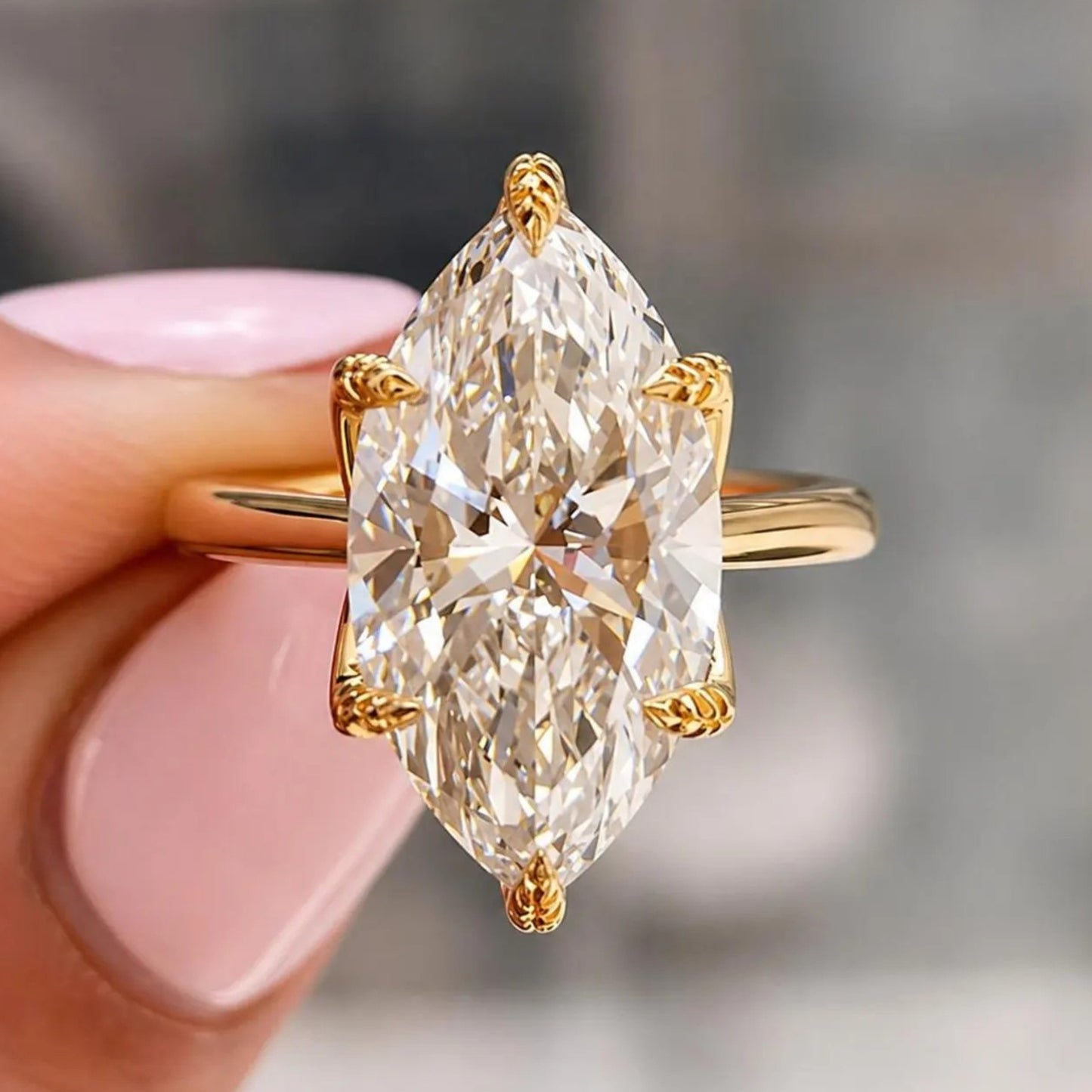 3CT Marquise Moissanite Engagement Ring, 14K Solid Gold Solitaire Wedding Ring, Tulip Set Vintage Leaf Ring, Unique Gift for Her