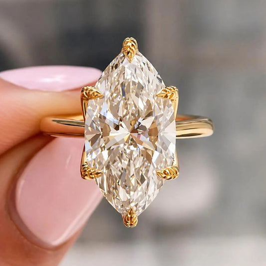 3CT Marquise Moissanite Engagement Ring, 14K Solid Gold Solitaire Wedding Ring, Tulip Set Vintage Leaf Ring, Unique Gift for Her