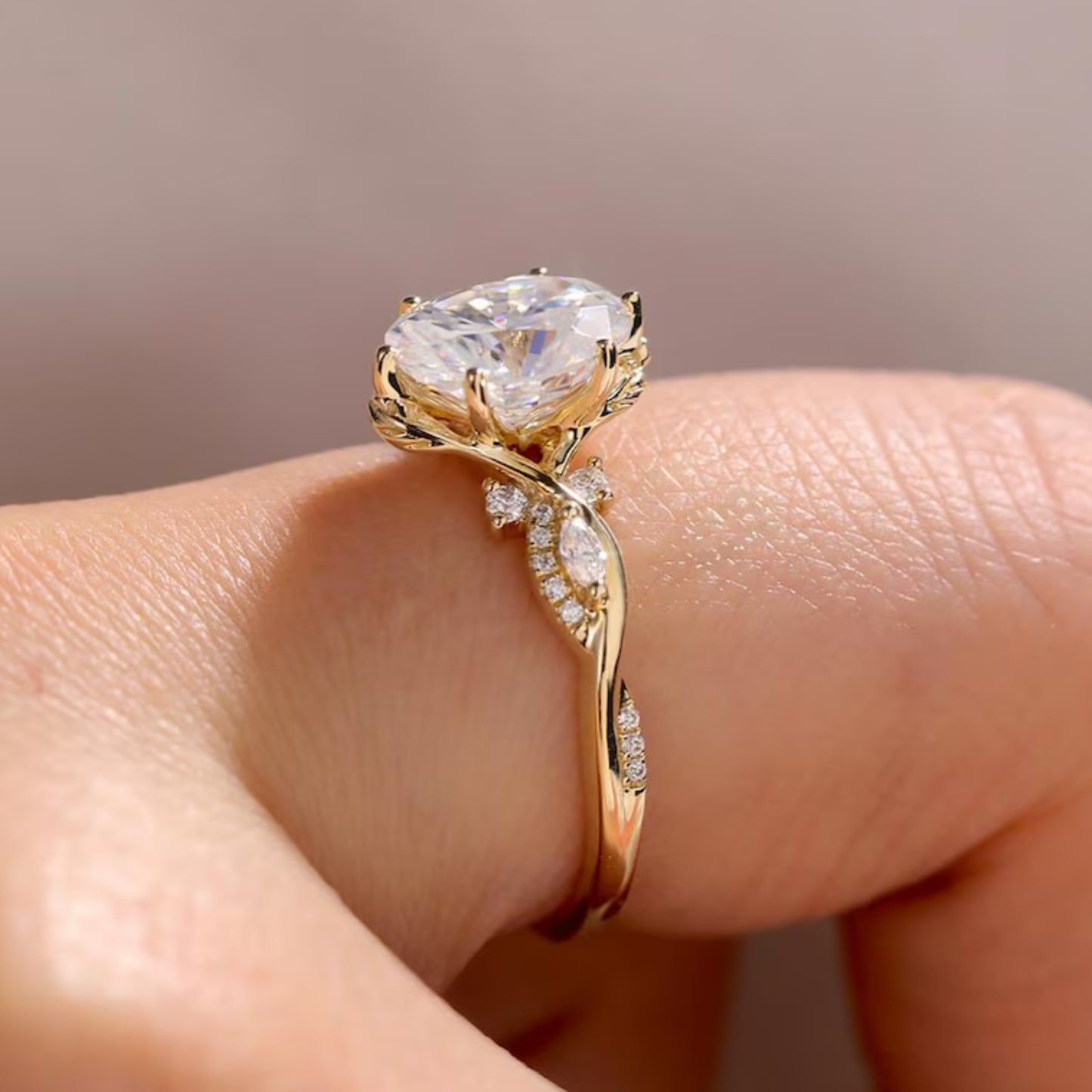 Floral 2 CT Oval Cut Moissanite Engagement Ring, Vintage 18K Solid Gold, Marquise Side Stone Wedding Ring, Anniversary Ring