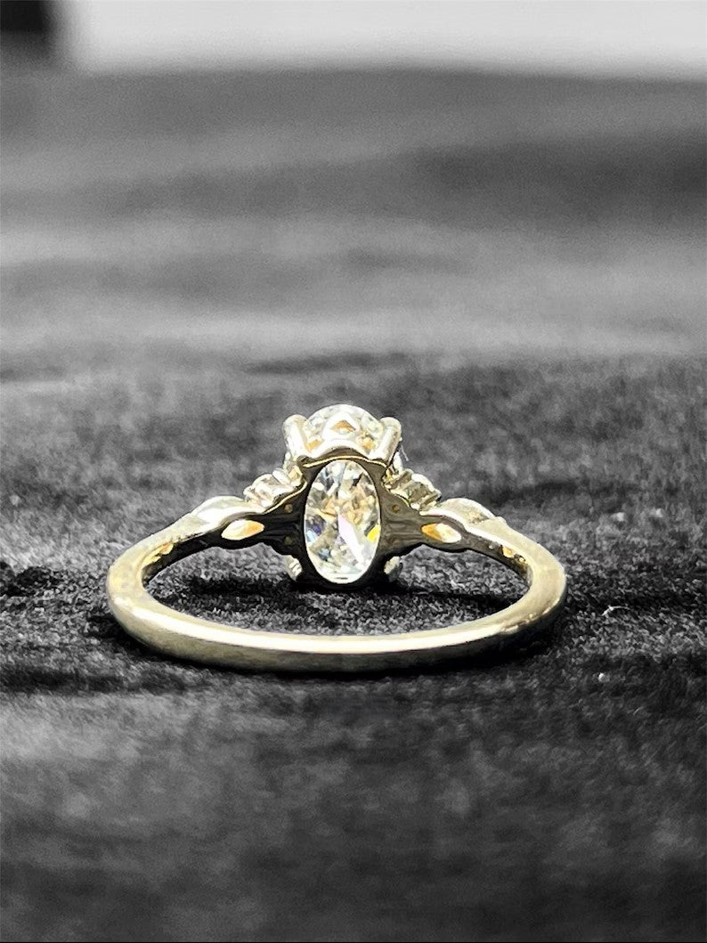 Oval Lab Grown Diamond Engagement Ring - Pear & Round Cluster Side Stone Gold Ring