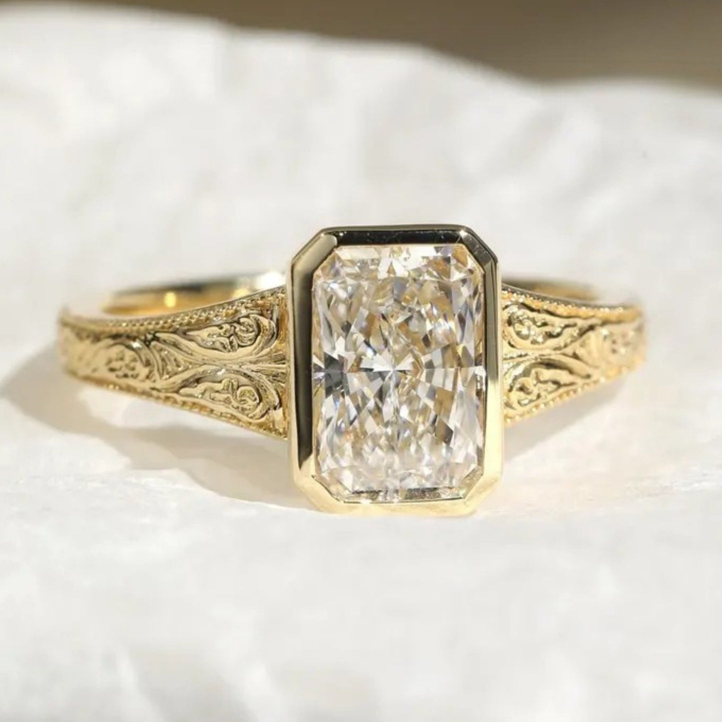 Bezel Set Radiant Moissanite Engagement Ring Vintage14K Solid Gold Promise Ring Hand Engraved Wedding Band Ring For Women