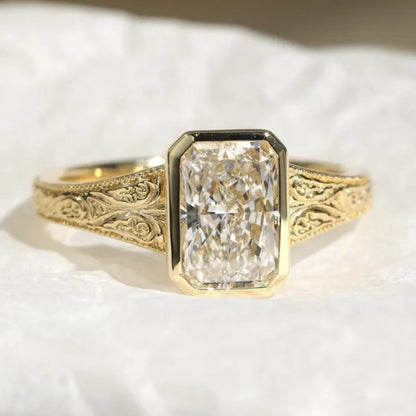 Bezel Set Radiant Moissanite Engagement Ring Vintage14K Solid Gold Promise Ring Hand Engraved Wedding Band Ring For Women