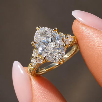 Vintage Marquise Moissanite Ring, Celestial Engraved Hidden Halo Solitaire